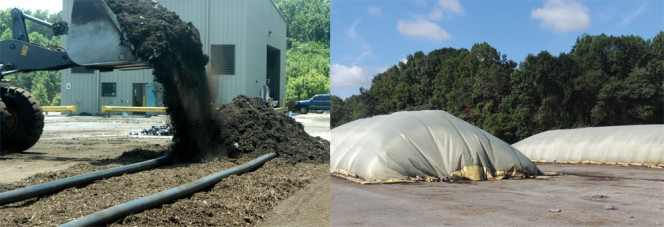 For the food scraps composting pilot, the county selected Sustainable Generation LLC’s SG Mini™ System utilizing GORE Covers. Construction of a heap (left) and the covered piles are shown (right). 