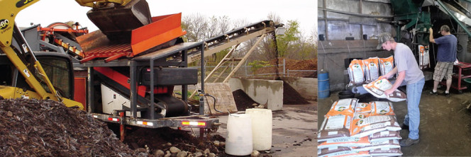 Compost is screened to three-eighth inch using a trommel screen (above). Compost is sold in 1-cubic foot bags (left), which has helped Mississippi Topsoils market its products to independent retailers. 