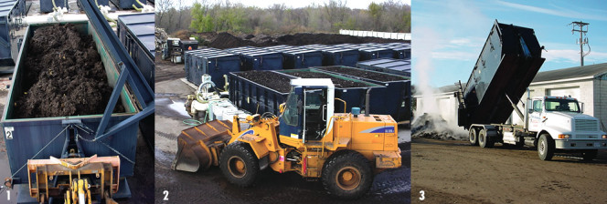 Amended poultry solids are loaded into NaturTech composting vessels (1) for negatively aerated composting. Mississippi Topsoils has 12 vessels (2). After 2 to 3 weeks, a vessel is unloaded (3) and material is further composted, first inside a building and finally in windrows. 
