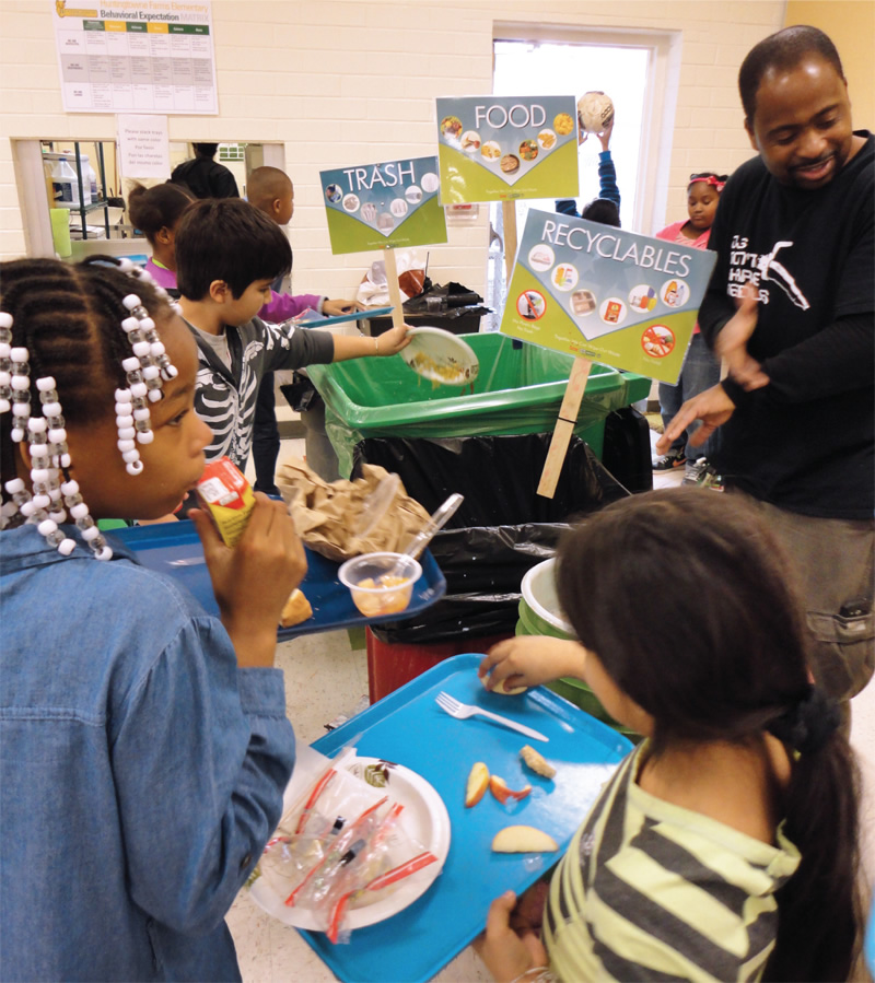 The county provides schools with 64-gallon green Toter collection containers, posters and other educational material. Foods scraps, soiled paper and napkins can be included.