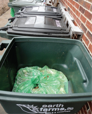 Toters are lined with compostable bags. Depending on the size of their student population, schools receive 1 or 2 bins for each day of the week.