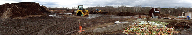 A 6-acre active composting pad is lined with compacted clay. Windrows are turned by a BACKHUS compost turner.