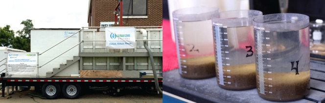 The ClearCove Enhanced Primary Treatment system was piloted at IAWWTF in 2014 (right). Organics and solids settle to the bottom of the tank, as illustrated in the samples at far right. 