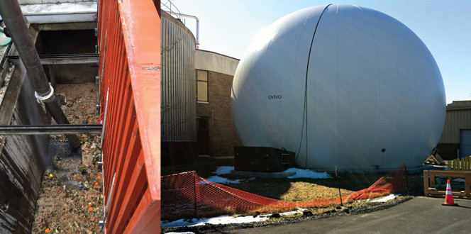 Construction of a $3 million receiving facility for food waste and other high strength organics was completed in January (left). Biogas from the AD tanks is directed to a gas storage membrane system (right).