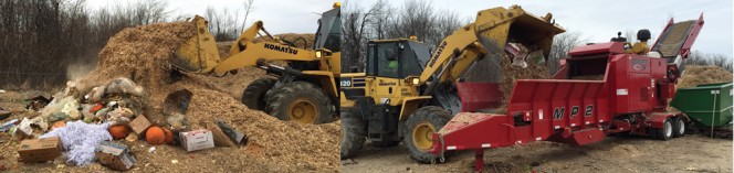 A Rotochopper (right) grinds wooden crates, ammo boxes, dimensional lumber and other waste wood to use as amendment for food waste composting. Food scraps are collected in compostable bags (visible in photo, left).