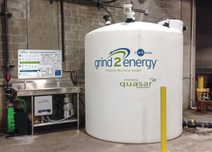 A Grind-2-Energy system is installed at the Cleveland Indian’s Progressive Field in Cleveland, Ohio to process food scraps into a slurry, which are hauled to an anaerobic digester.