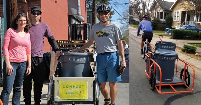 ReSoil cofounders David Baker (left) and Scott Thompson (right) stand with Julia Thomas in front of their bicycle trailer designed to transport 32-gallon barrels of food scraps (inset) to community farms and gardens across Sacramento.