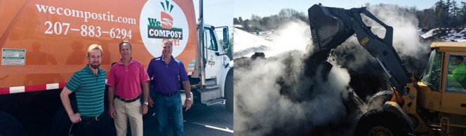 “Our collaboration allows us to more efficiently use our assets for more than one business unit,” says John Adelman, CEO of CPRC Group (center), along with Brett Richardson of We Compost It! (left) and Jim Hiltner. CPRC’s MB Bark composting facility (right) is in Auburn, Maine. 