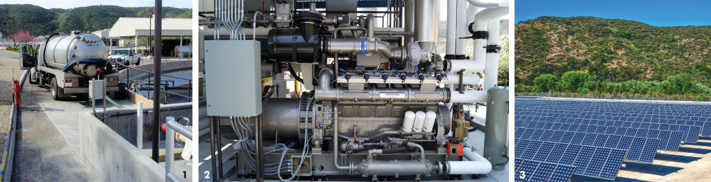 The Hill Canyon Wastewater Treatment Plant in Thousand Oaks, California receives 10,000 to 30,000 gallons/day of high strength organics (1). The plant has two biogas cogeneration engines (2) and a 500 kW solar array (3).