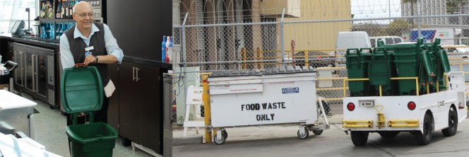 Food scraps are collected in 13-gallon unlined bins (left) at each restaurant, and then transported to dumpsters marked “Food Waste Only” that are strategically located in the service areas behind several restaurant groups (right).