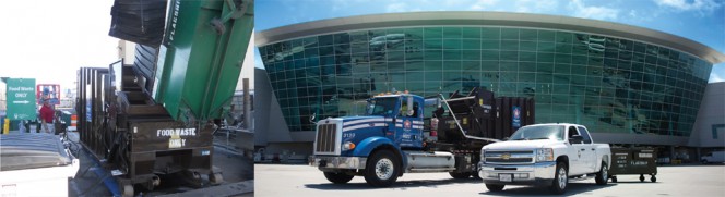 Once full, the food scraps dumpsters are towed to a 20 cubic yard compactor located at the airport’s central disposal area, where they are emptied (left), cleaned and returned to their locations (compactor ready for transport, right).