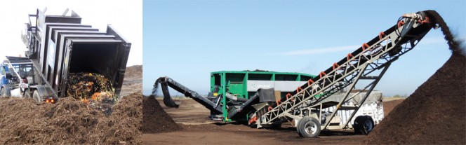 Collected food scraps are transported to the City of San Diego’s Miramar Greenery Composting Facility where they are mixed with ground yard trimmings (left). Finished compost is screened using a Komptech system.