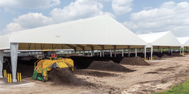 As part of its expansion, three 162 feet by 120 feet Legacy Building Solutions’ fabric structures, with a clearance height of 18 feet, were installed for processing and curing. Each building has capacity for about 6 windrows (about 1,700 cubic yards). Lee County also purchased a second Ecoverse windrow turner.