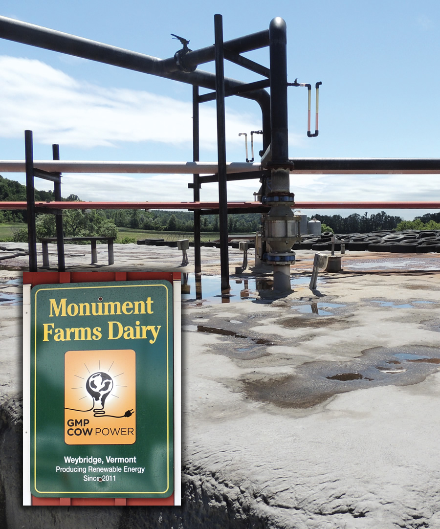 Thirteen farms with anaerobic digesters are enrolled in GMP’s Cow Power program, producing about 19,000 MWh of renewable energy annually. Monument Farms Dairy in Weybridge, Vermont is a Cow Power producer.