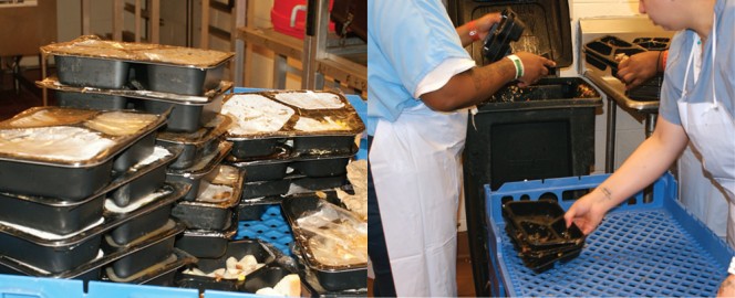 Meals are prepared in a central kitchen and delivered to prisons in the complex (left). Inmates eat in a common space in their housing area. Food remaining on returned trays is scraped into 22-gallon plastic barrels (right).