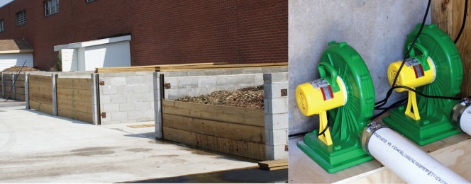 Food scraps and wood chips are composted in aerated bays (left) designed by O2Compost. Several low horsepower fans (right) service multiple bays.
