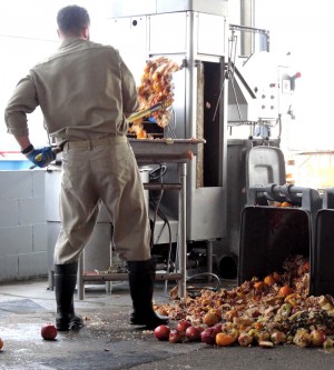 In 2014, WDOC composted more than 1,900 tons of food waste. At one prison, food waste is shoveled into a pulper by an inmate and then transported by staff to a composting center. 