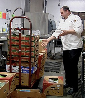 Drexel University’s Executive Chef Pepino begins inspection of one day’s worth of surplus produce.