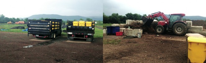 Commercial accounts use 65-gallon carts for food scraps, which Black Bear collects in a stake bed truck (above). Food scraps are unloaded on a concrete reception pad surrounded by walls of movable concrete blocks (right).