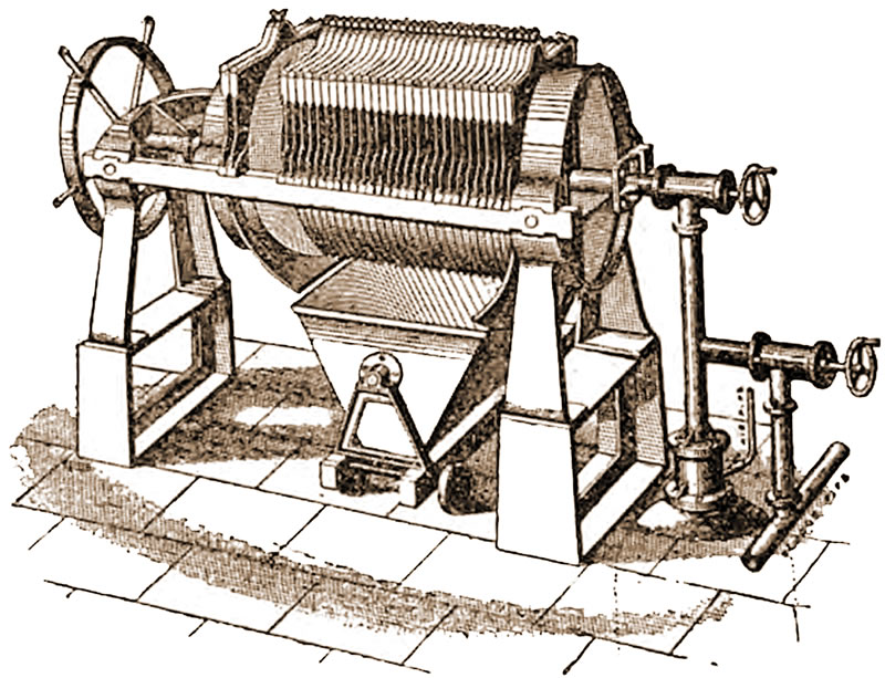 Figure 1. Plate press dewatering device from the 1860s. Sludge then had low volatile solids content, subsequently typical output was in the range of 50% dry solids and above.