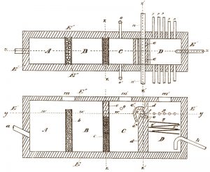 Figure 2. Apparatus for the (anaerobic) treatment of sewage. Extracted from U.S. Patent No. 699,345. (May, 1902)
