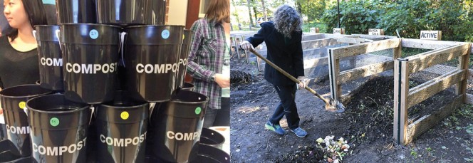 Students at the University of North Carolina (UNC) Asheville who want to divert food scraps are given 2-gallon collection containers (left). At UNC Chapel Hill, vegetative food scraps are collected from residence halls and taken to an on campus community garden where they are composted (right).