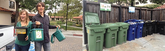 At the University of California Berkeley, students are given 2-gallon bins (left) to use in their rooms to collect food scraps. These are emptied into centralized bins in the dorms, which then are taken by custodial staff to an outdoor collection area (right). 