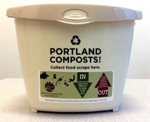 Portland State University provides students with 2-gallon organics pails to use in their rooms, along with recycling and trash containers.