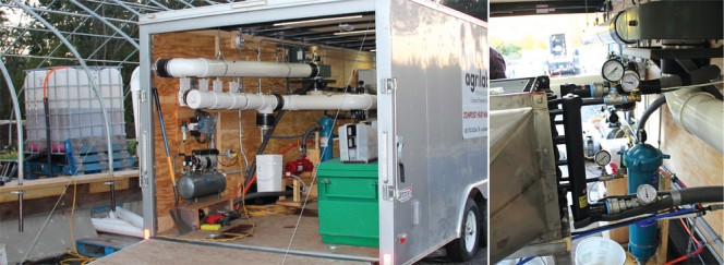 The Compost Heat Wagon™ was built and installed by Agrilab Technologies. It contains the aeration fan, plumbing and ductwork (right) that provide aeration, heat recovery and condensate. Container holding heated condensate is in the greenhouse (shown on far left in heat wagon photo). Photos courtesy of Agrilab Technologies