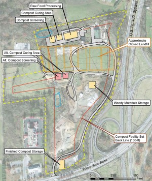 Schematic of a potential on-campus composting facility at Virginia Tech using a portion of a former landfill site on a nearby parcel owned by the university.