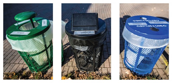 Students, faculty and staff at Deerfield Academy have access on campus to bins for compostables (left) and recyclables (right), leaving a small percentage of waste for the trash bin (center). 