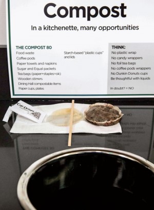 Coffee stations switched to using compostable coffee “pouches” (top right) instead of plastic single-serve coffee pods. Significant waste reduction was achieved, as 30,000-plus cups of coffee are consumed on campus annually.