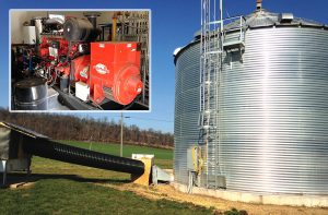 Reinford-Frymoyer Farm installed a Guascor engine (inset) that can produce up to 225 kWh. Excess heat from the engine heats the farmhouse and is used to custom-dry corn in the farm’s 10,000 bushel drying bin (black heat pipe above).