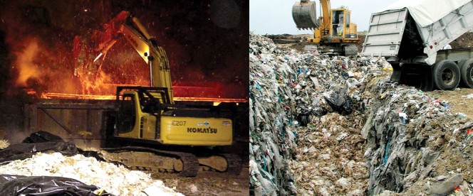 Air curtain destructors that incinerate poultry carcasses (left) and landfill disposal (right) are more traditional, but less environmental, management practices utilized in past disease outbreaks.