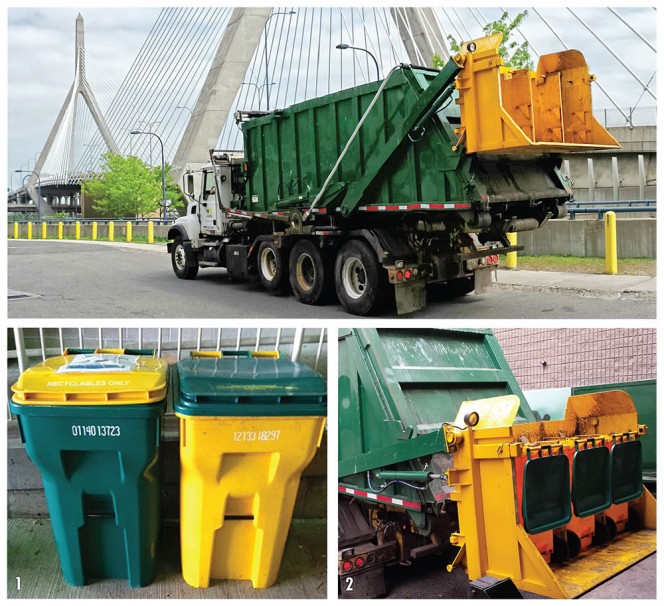 Pre and postconsumer food scraps, compostable bags and PLA cups, and milk cartons are accepted in the organics stream. Waste Management (WM) supplied 96-gallon totes with a yellow body and green lid for all organics (1, on right). Totes for single-stream recyclables have a green body and yellow lid (1, on left). WM hauls organics (totes ready to be tipped into truck (2)) to the Town of Needham (MA) composting site.