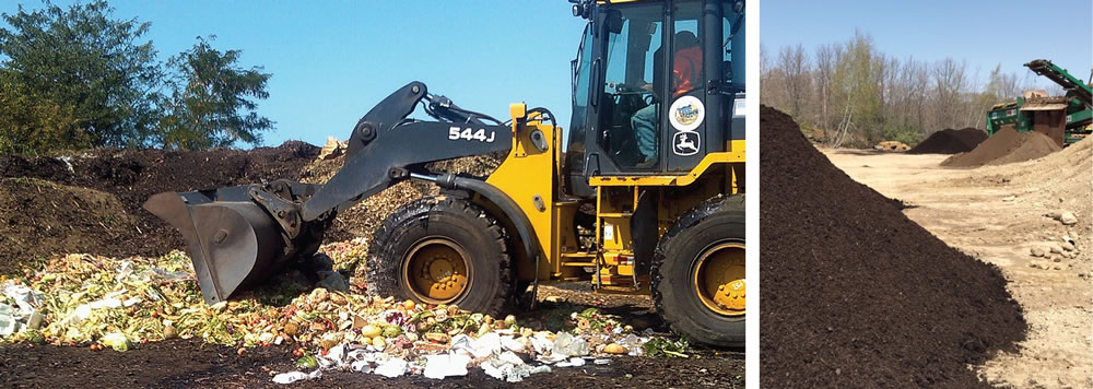 The Needham yard trimmings composting facility, located at the town’s transfer station, began taking source separated commercial organics in 2009. Yard trimmings are mixed in a 3-4:1 ratio with food scraps using a front-end loader (above) and put into windrows. Compost (left) is typically ready for curing and screening in about 3.5 months.