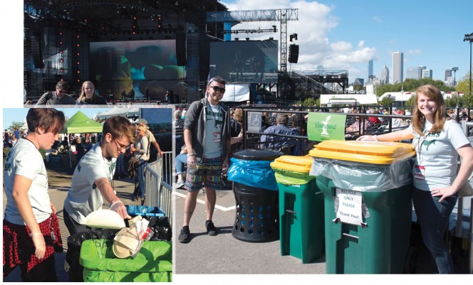 Farm Aid’s 30th Anniversary Concert was held at the FirstMerit Bank Pavilion at Northerly Island last summer. It was the venue’s first experience collecting a compostables stream (green bin with green bag, above and at left). Farm Aid requires that all food service items coming into contact with food be compostable.