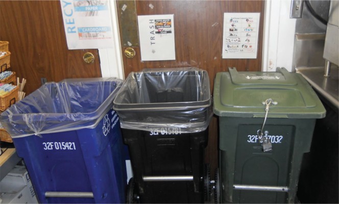 Color-coded 32-gallon containers for trash, recycling and food waste are set up in the kitchen prep and washing areas.