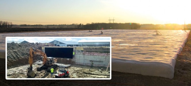 Norm-E-Lane Dairy expanded its DVO Two-Stage Mixed Plug Flow™ digester in 2014, increasing capacity from 1.42 million gallons to 1.96 million gallons. Construction of 70-foot digester extension (inset).
