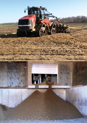 The dairy’s initial interests in installing an AD system were the ability to pump digested effluent to farm fields for application (top), and the bedding product made from the separated solids (bottom).