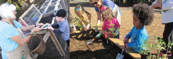 A 4-bin composting system (left) was installed at the campus’ newly constructed Intergenerational Garden (right).