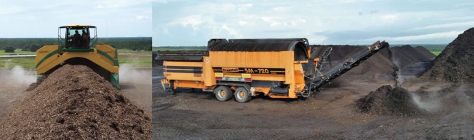 The pilot tested the Modified Static Aerobic Pile™ method, where active windrows sit undisturbed for about 30 days, then are turned twice (Backhus straddle turner, left) to assure moisture distribution and material consistency. After 45 to 60 days of curing, the county used a Doppstadt trommel (right) to screen finished compost.