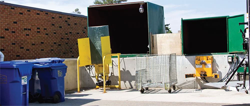 The university uses its own collection trucks to take recyclables in small rolling carts to the on-site recycling transfer station for consolidation. Using a similar internal collection model for organics was shown to be cost neutral. 