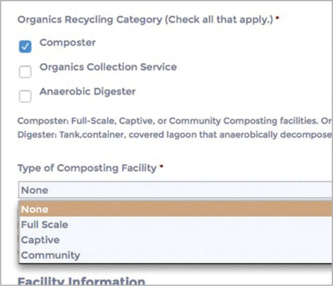 On the “Submit Listing” page, composting facilities are separated into three types: full-scale, captive and community. There also are listing forms for organics collection services and anaerobic digesters.