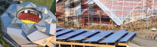 The retractable roof of Mercedes-Benz Stadium (MBS), when open (far left), will take advantage of natural light. Deployment of 4,000 solar panels (below), along with use of LED lighting, will significantly reduce use of power from the grid. 