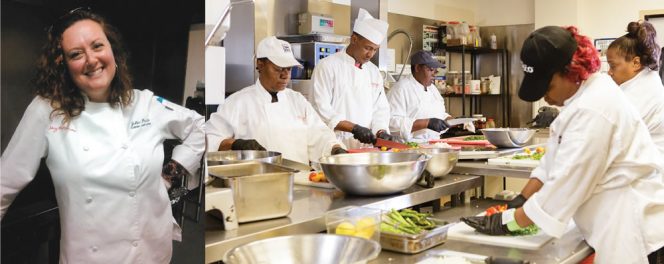 Levy Restaurants, MBS’ food service provider, and Westside Works, offer an 8-week culinary arts class (right) open to residents of the Westside neighborhood adjacent to the stadium. Juliet Peters, culinary instructor (below), notes that 100 percent of the graduates have been placed for employment. 