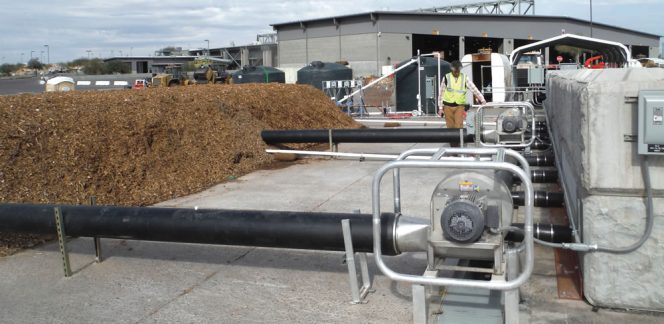 The City of Phoenix’s new turned aerated pile composting facility uses a continous stack design with an aeration floor system. The site has capacity to compost 220,000 tons/year of food scraps and yard trimmings. 