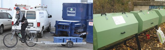 Marcia Dick of Waste Naught BC collects food scraps in Kamloops, BC, using an electric bike and trailer. A Joras in-vessel composter (right) is used at a community garden to process the food scraps. 