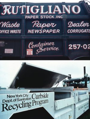Early years of recycling in New York City — commercial recycling truck (1987) and New York City’s multistream recycling collection trailer.