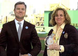 Frank Coonelly, President of the Pittsburgh Pirates, presented Carla Castagnero, President of AgRecycle, with the Jackie Robinson award.